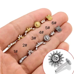 1pc Stainless Steel Internally Threaded Flower Sun Labret Studs Lip Piercing Cartilage Ear Studs Body Piercing Jewelry with CZ