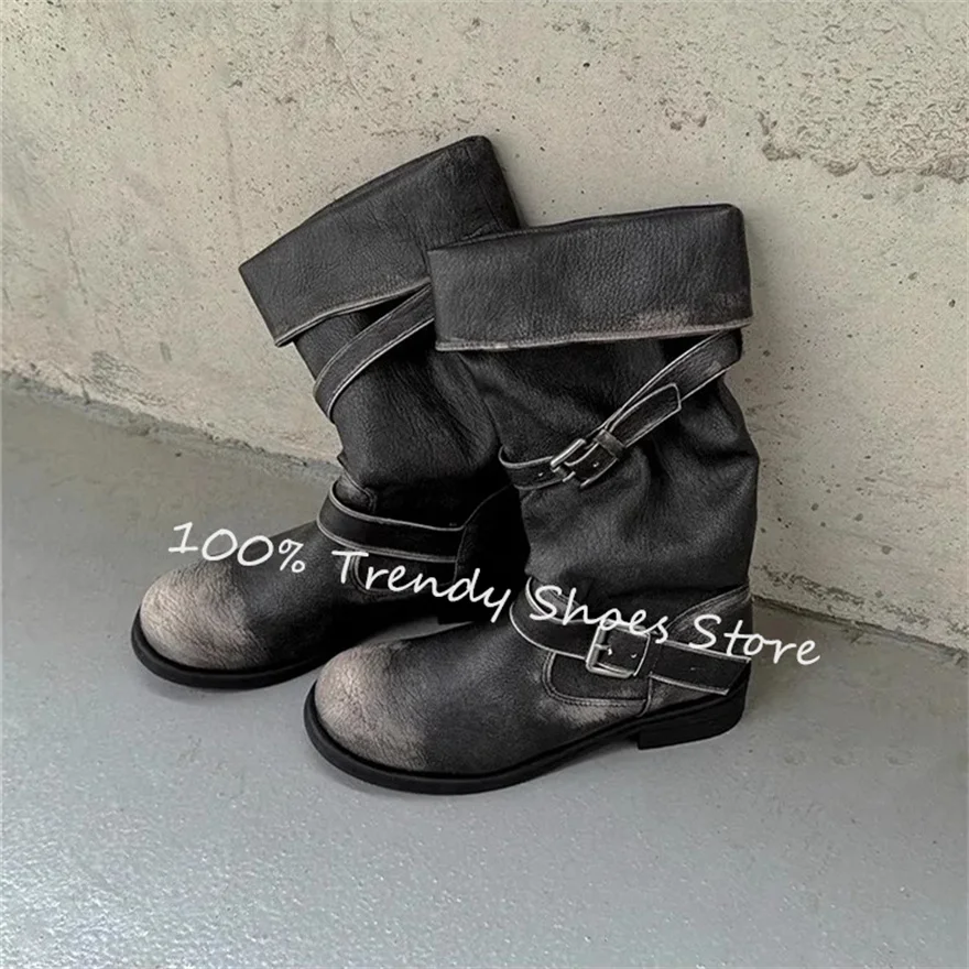 

Retro Pleated Belt Buckle Decor Western Cowboys Boots Women Turned-Over Edges Mid-Calf Boots Ladies Slip-On Chunky Heel Boots
