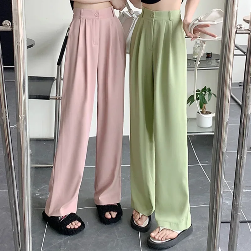 

2024 Summer Women Concise Solid Color Suit Pants Lady Baggy High Waisted Trousers Female Versatile Wide Leg Straight Leg Slacks