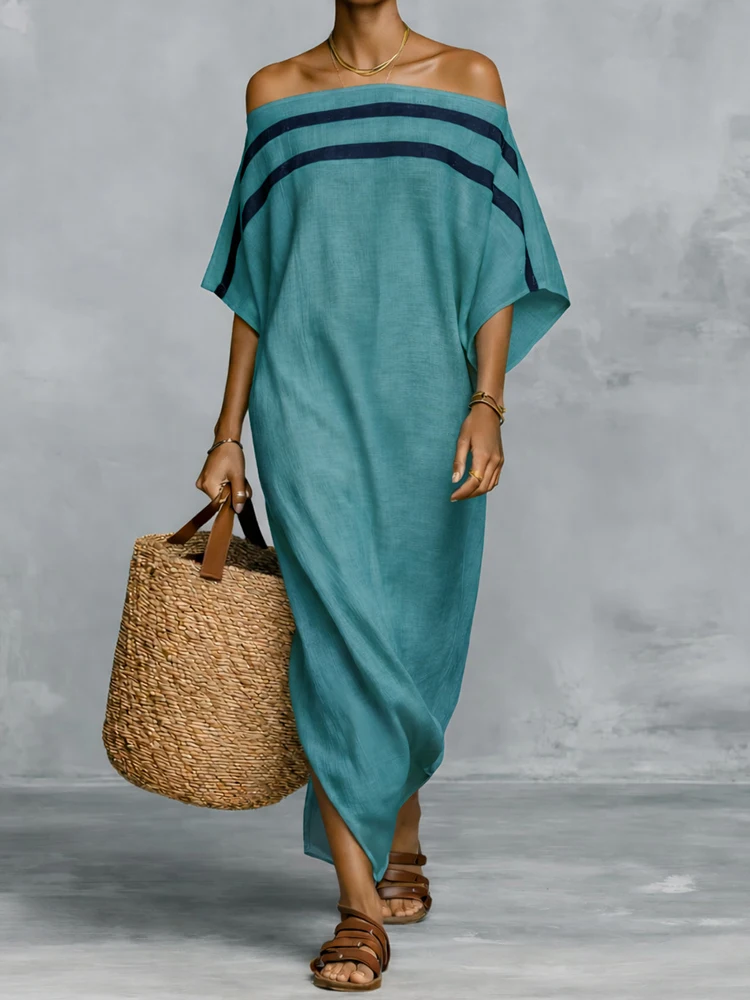 2026 Beach Style Half Sleeve Maxi Dress, Women Spring Summer Slash Neck Simple Party Dress, Solid Patchwork Chic Ladies Dresses