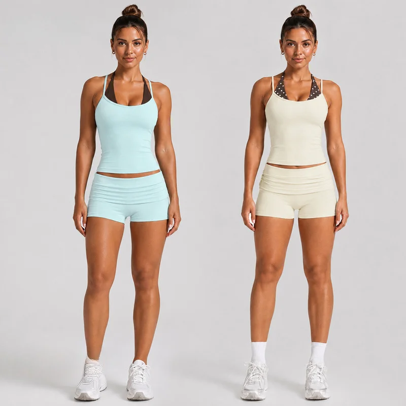 Ladies Halter Back Beauty Yoga Outfit Contrast Color Sports Tank Top Fold‑Over High Waist Shorts Pilates Fitness 2‑Piece Set