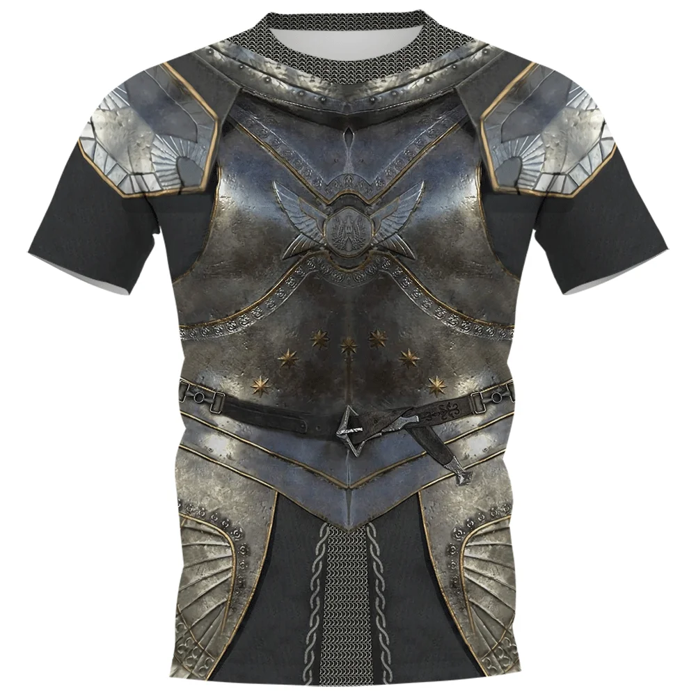 2023 Medieval Knight Armor Short Sleeve T Shirt Men\'s 3d Print Round Neck Casual Loose Men\'s Streetwear Clothes Tops