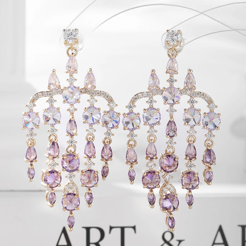 

SENYU Luxury Gradient Purple CZ Tassel Earrings Beautiful Waterdrop Stone Dubai Party Jewelry Exquisite Wedding Bridal Earring