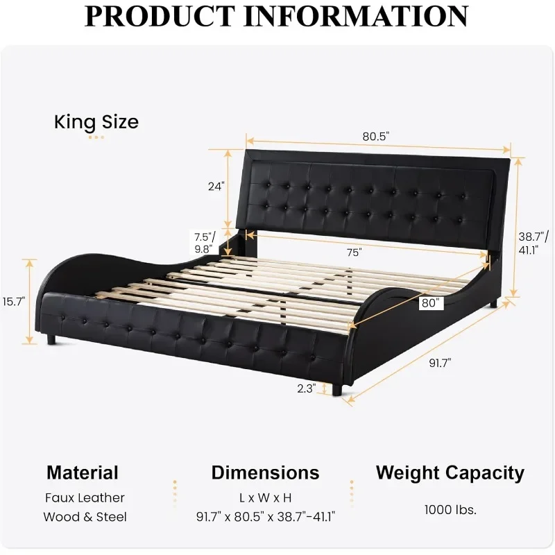 Box Tufted Platform Bed Frame Faux Leather Upholstered Bed Frame with Adjustable Headboard/Wood Slat Support Wave Like