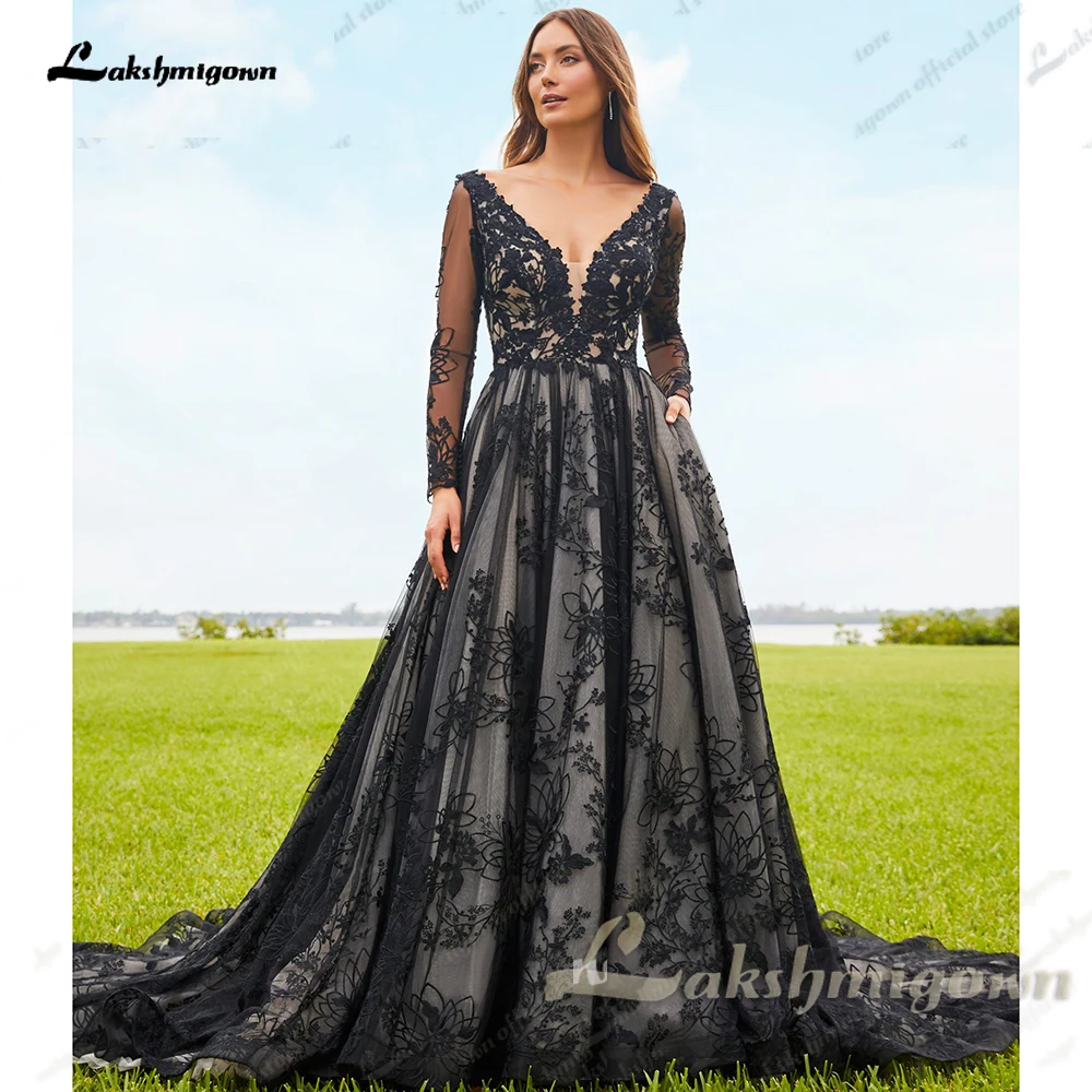 Lakshmigown สีดําถอดออกได้แขนยาว A-Line Boho ชุดแต่งงานลูกไม้ Applique V คอ Backless ที่กําหนดเอง vestidos de fiesta