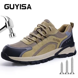 GUYISA Work shoes Safety shoes Steel toe Size 37-45 Brown Anti smashing and anti stabbing Super soft bottom Protecting feet