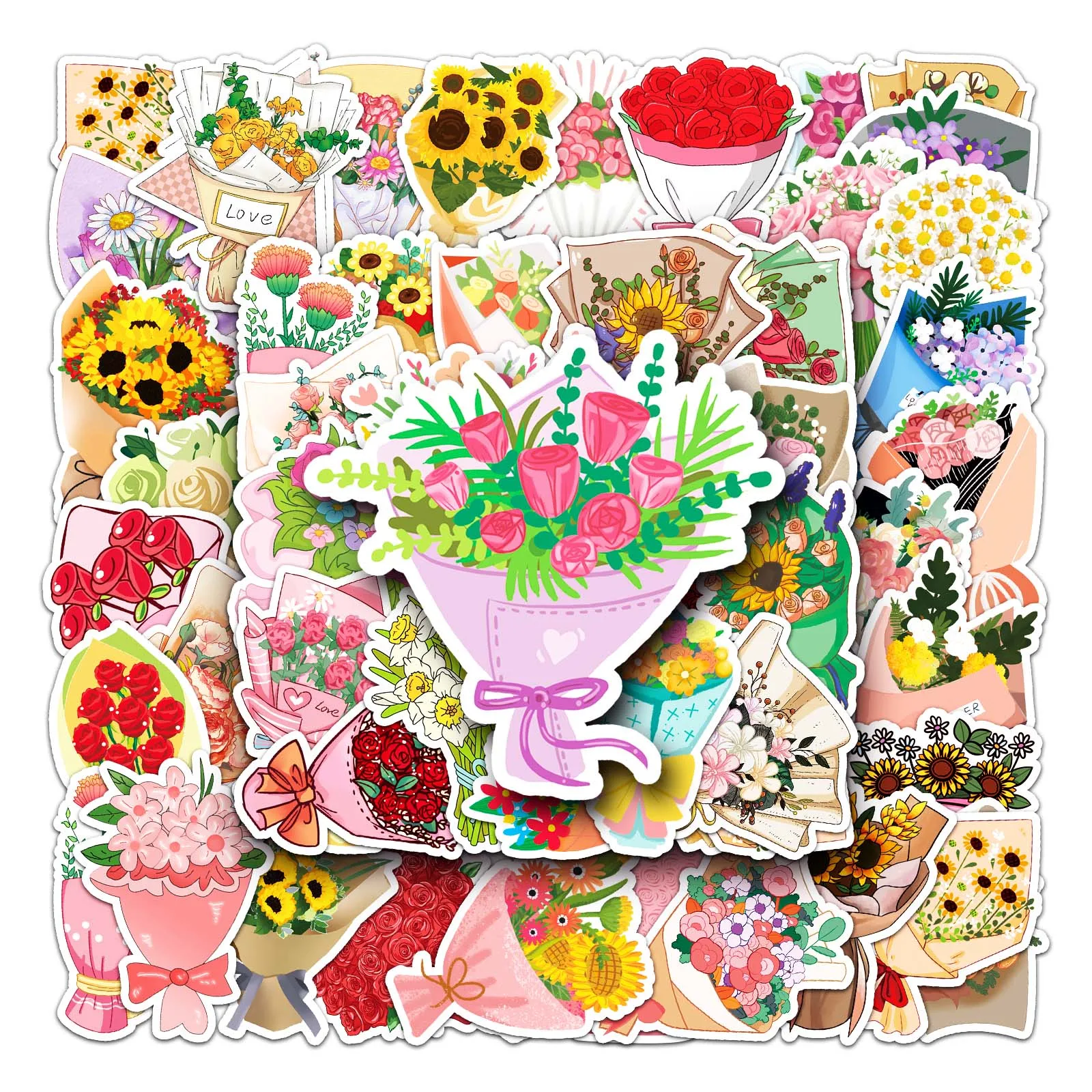 50Pcs Bouquet series Cartoon Cute Waterproof Sticker Skateboarding Snowboard Retro Vinyl Sticker