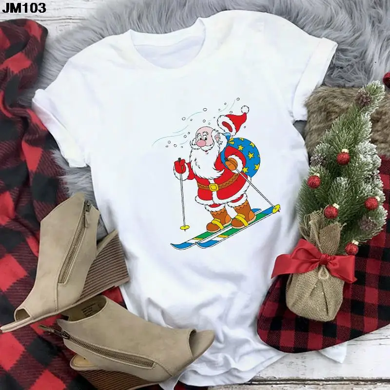 Womans Merry Christmas Tshirt Women Santa Claus Reindeer Kawaii Printed Short Sleeve Summer Lady Tops Tee Female Clothes T-shirt