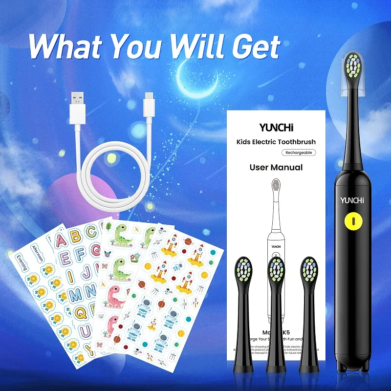 YUNCHI Kids فرشاة الأسنان الكهربائية القابلة لإعادة الشحن للأطفال فرشاة الأسنان الكهربائية 3 أوضاع بالفرشاة ملصقات صناعة يدوية مضحكة مع 4 رؤوس فرشاة #6