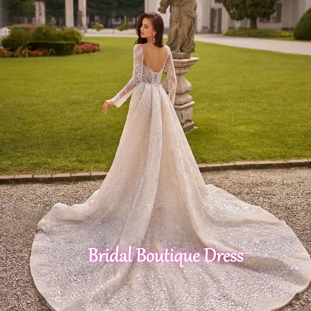 Customized Exquisite  Long Sleeve Sexy Mermaid Wedding Dresses Lace Beaded Sequined Shiny Vestido De Novia Detachable Train Brid