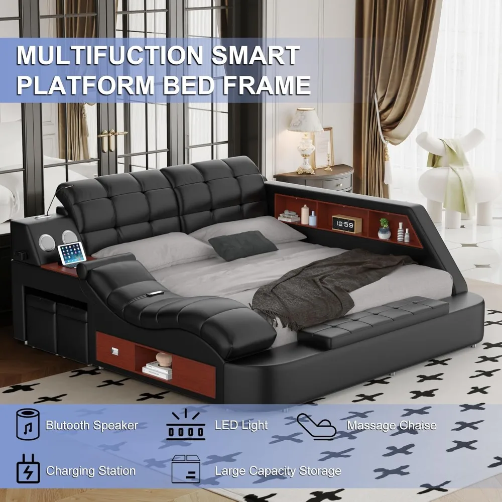 Multifunction Smart King Bed Frame, Recliner/USB Charging Station/Storage Drawers, Leather Headboard/ Strong Wooden Slats, Black