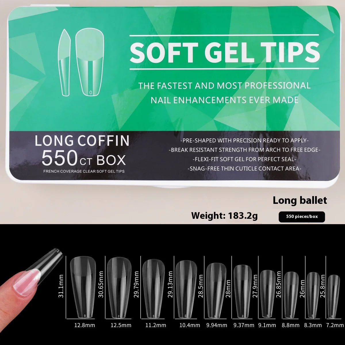 Nueva caja blanca de porcelana para decoración de uñas, 550 piezas, uñas postizas cuadradas de ballet esmeriladas ultrafinas sin marcas