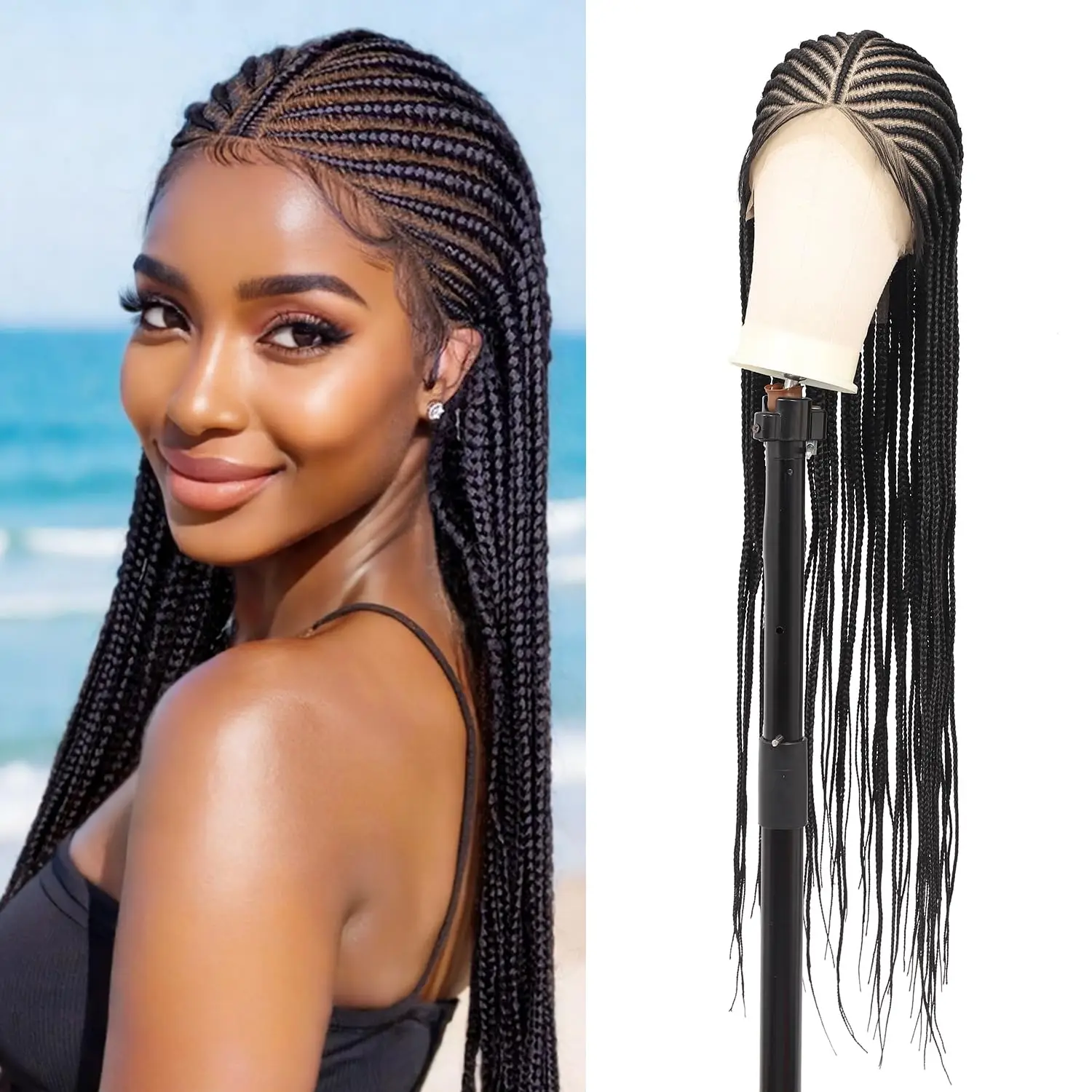 32 بوصة كورنو شعر مستعار مضفر للنساء السود Knotless صندوق الضفائر شعر مستعار دانتيل كامل الجزء الأوسط الطبيعي العميق شعر مستعار اصطناعي مضفر