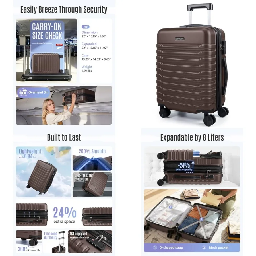 

Expandable Carry On Luggage 22x14x9 Airline Approved with Double Spinner Wheels, 20 Inch Lightweight Hard Shell Rolling Suitcas