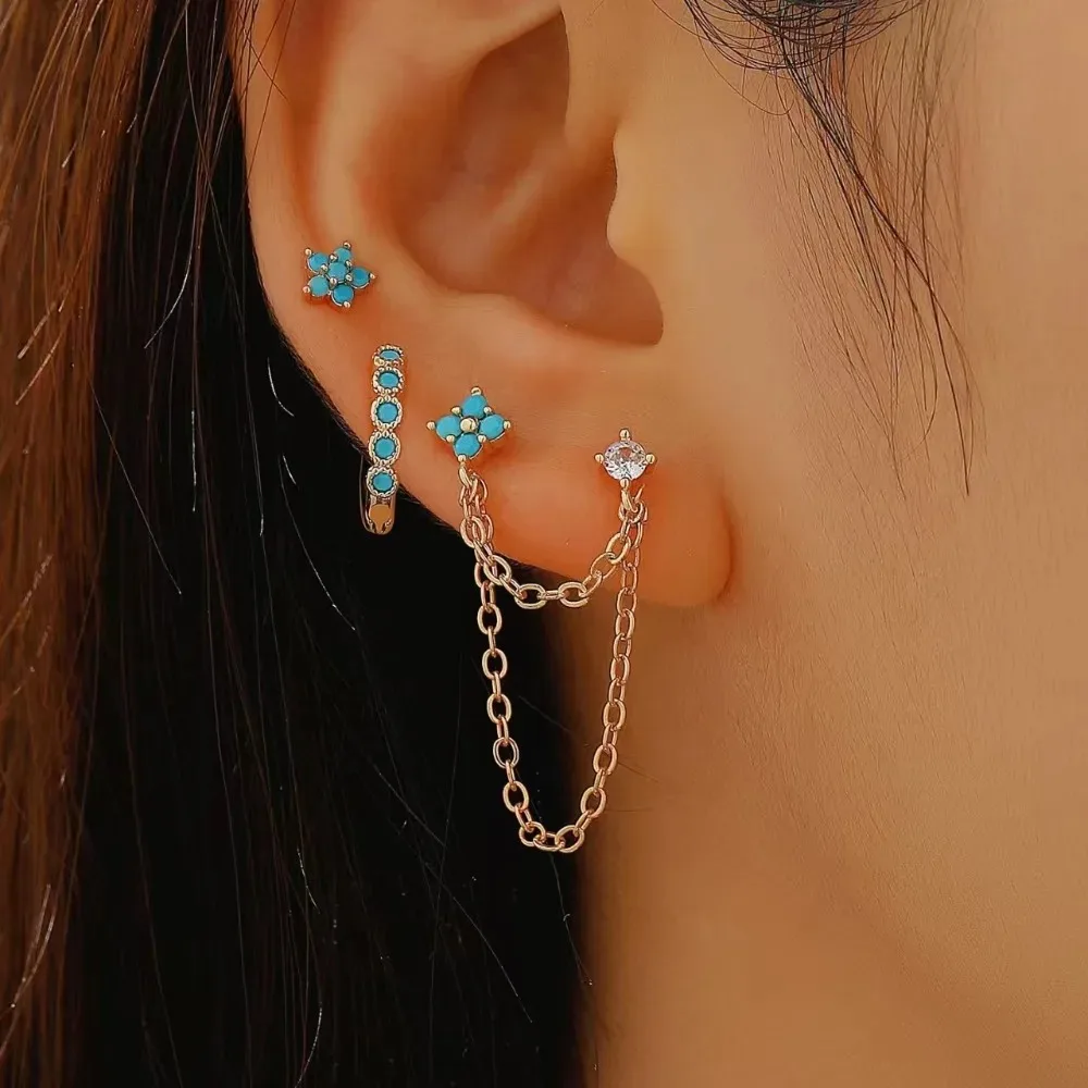 3pcs Set Korean Charm Micro-inlay Zircon Blue Flower Stud Earrings for Women Girl Stainless Steel Fashion Designer Jewelry Set