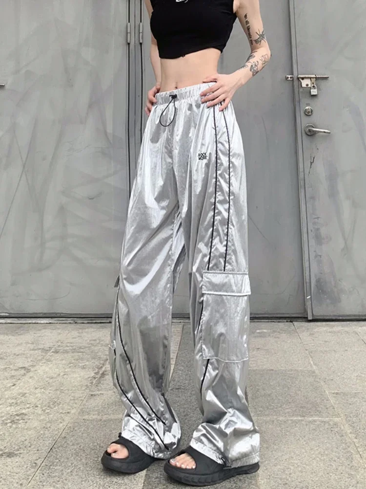 Silver Bright Long Y2k Pants Loose Pockets Streetwear Women High Waist Straight Trousers Casual Pantalones De Mujer Patchwork