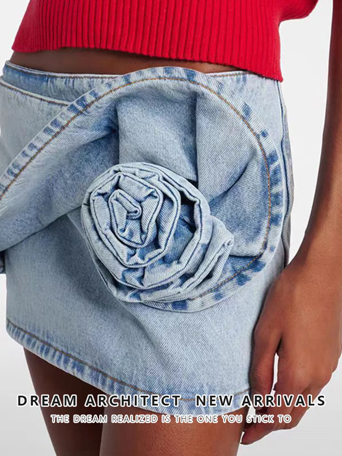 

Vintage Feel 3D Rose Flower Denim Skirt Women's Summer Trendy Half Body Skirt Short Skirt Bodycon Cotton Washed