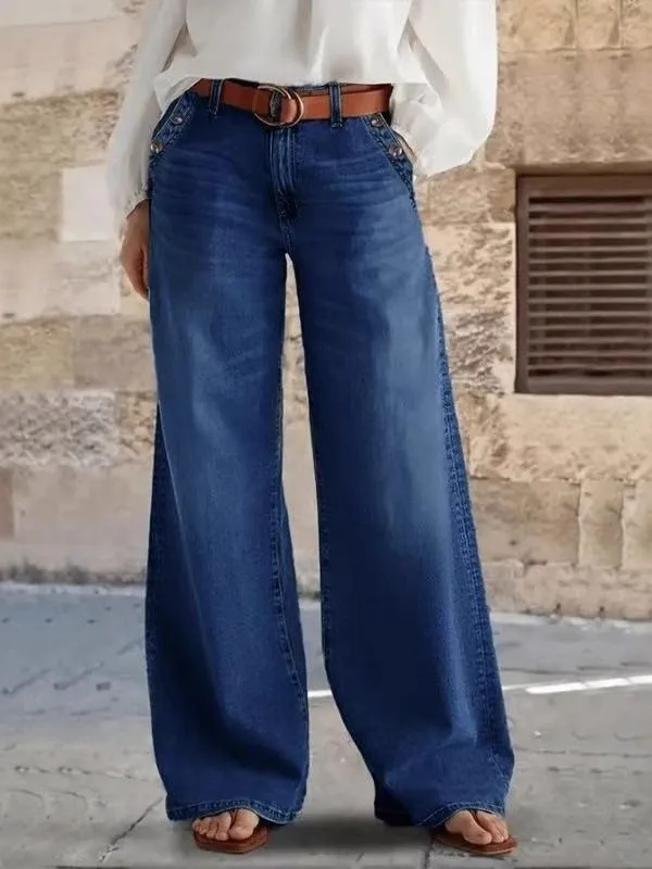 

Faionable Loose Wide Leg Casual Jeans for Women l Waist Waed Fabric Iron-Free Spring Collection Deep And Light Colors