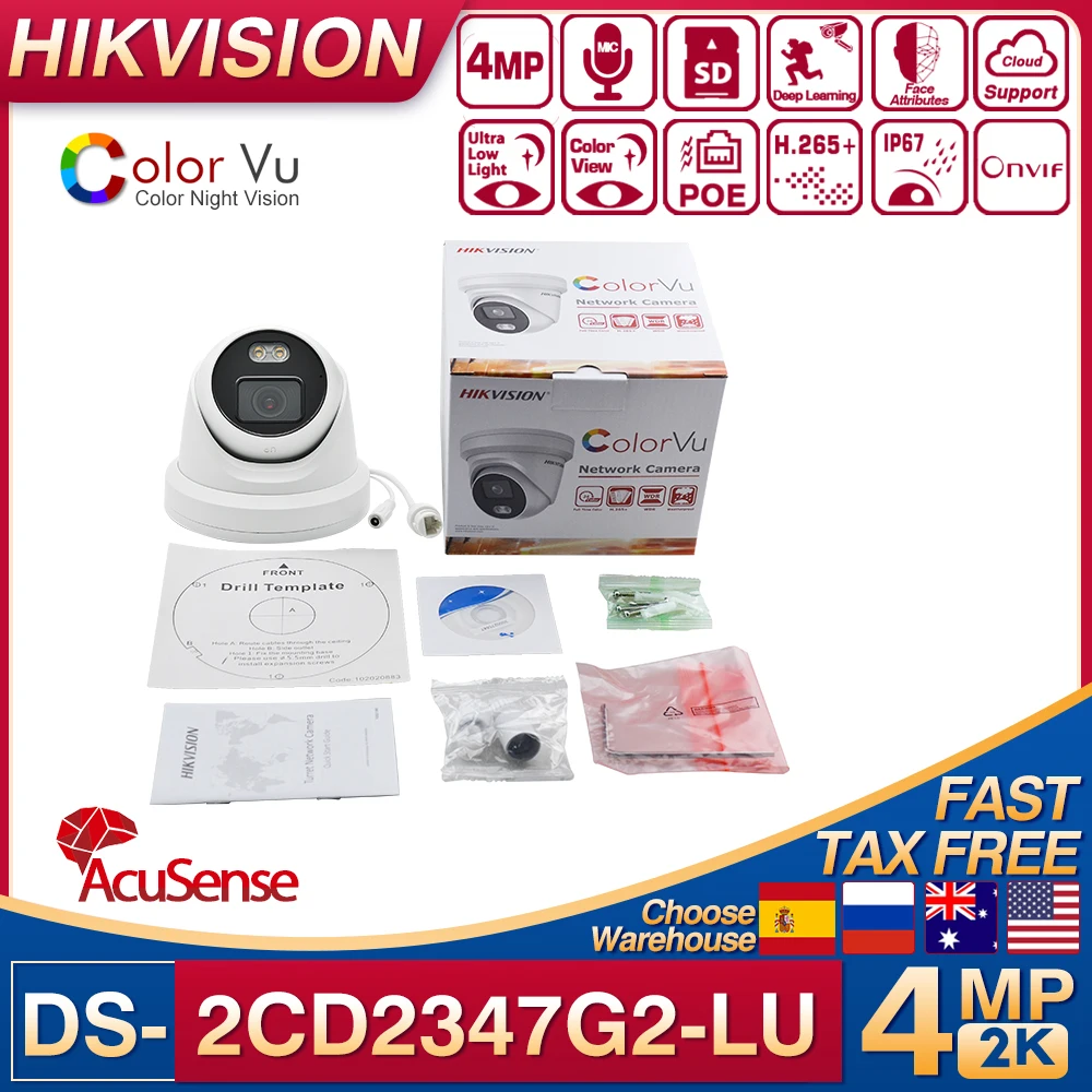 Original Hikvision DS-2CD2347G2-LU 4MP AcuSense Colorvu Night Vision IP Camera POE H.265+ Built-in Mic Turret Network Camera