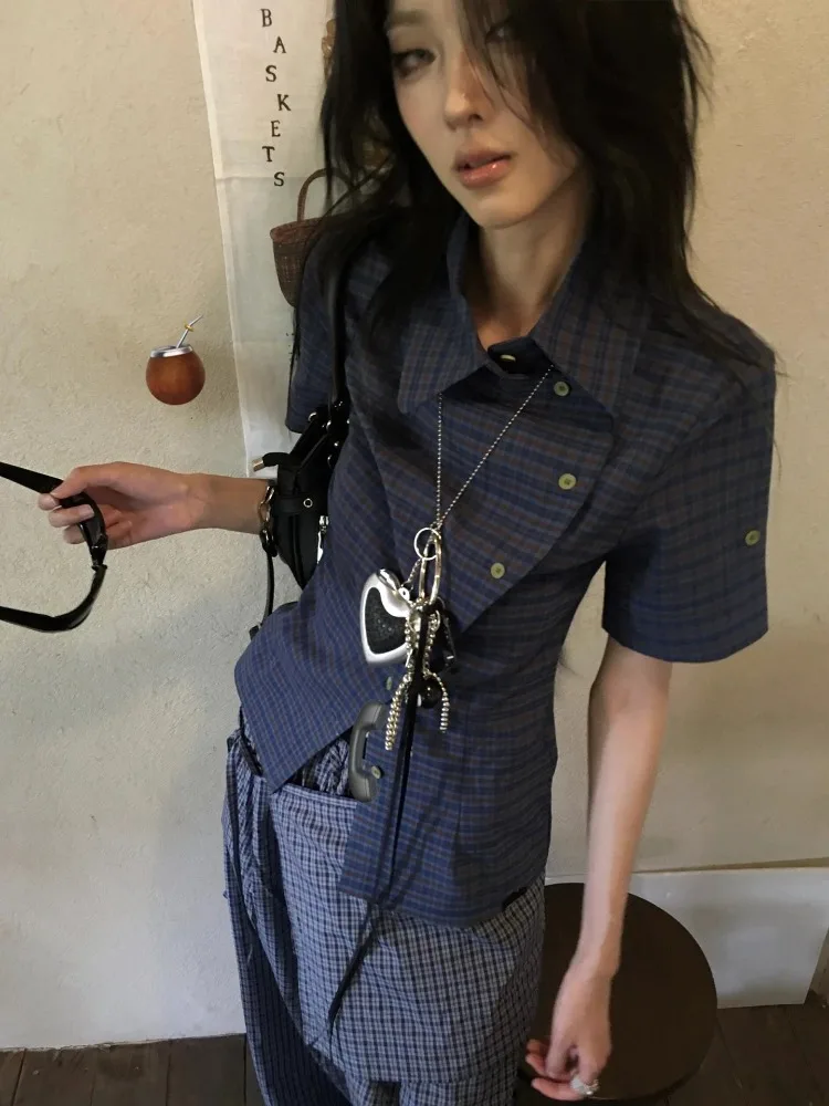 الفرنسية خمر منقوشة قميص غير رسمي المرأة قصيرة الأكمام Y2k بلايز اليابانية 2000s الصيف قميص غير النظامية الأمريكية الرجعية 90s تي شيرت