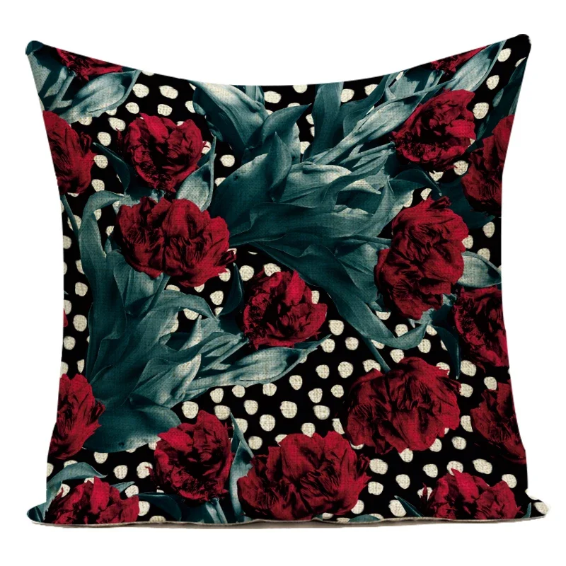 Polyester Plant Red Flower Purple Lavender Decorative Pillows Rose Cushion Cover for Sofa Home Living Room Almofadas