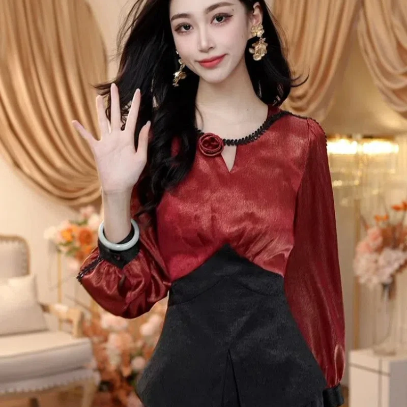 French Retro Contrasting Shirt Women\'s Long Sleeved Shirt High-end Top Chic Chiffon Yarn