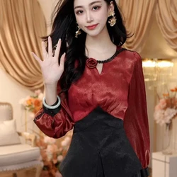 French Retro Contrasting Shirt Women's Long Sleeved Shirt High-end Top Chic Chiffon Yarn