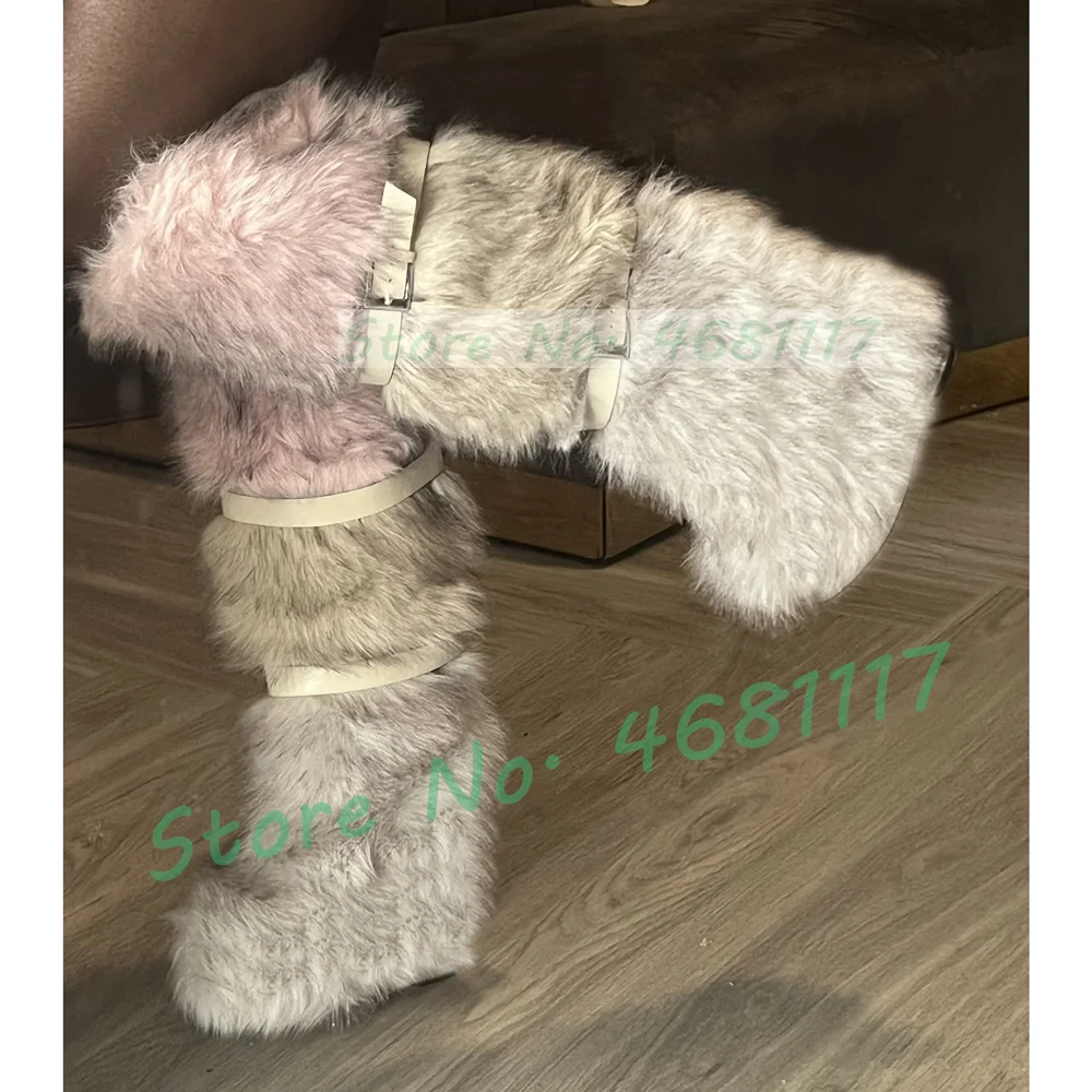 Colorblock Fur Platform Wedge Boots Women Sweet Belt Buckle Below The Knee Snow Boots Cool Girls Winter Punk Round Toe Shoes