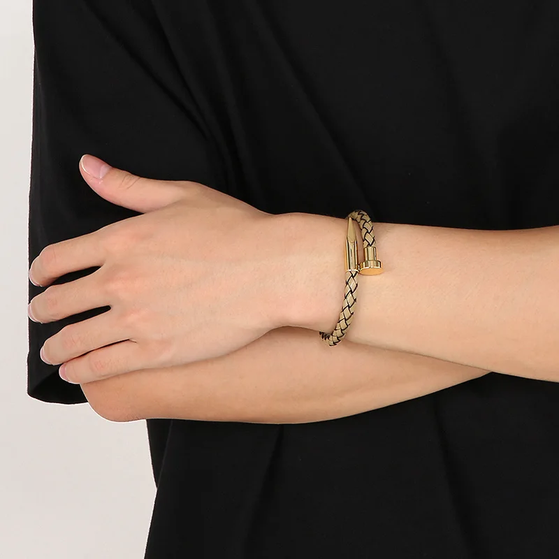 Popular Metal Nail Leather Chain Bangle For Women Men Hip Hop Stainless Steel Woven Rope Bracelet Personalized Jewelry Gift