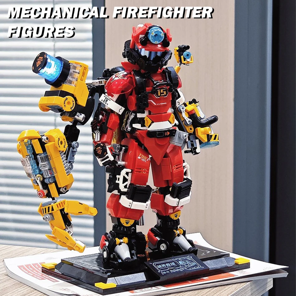 MOC Mechanical Firefighter Building Blocks Set with Stand Base Exoskeleton Armor City Hero Fireman Figures Bricks Toys Kids Gift