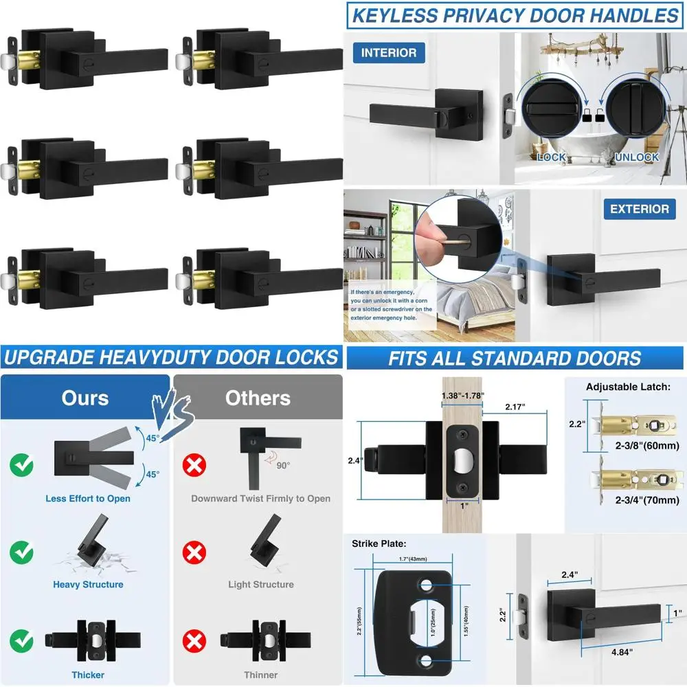 

Matte Black 6-Pack Door Handles, Keyless Interior Knobs, Privacy Lever Locks for Bedrooms & Bathrooms, Heavy Duty Square Locks (