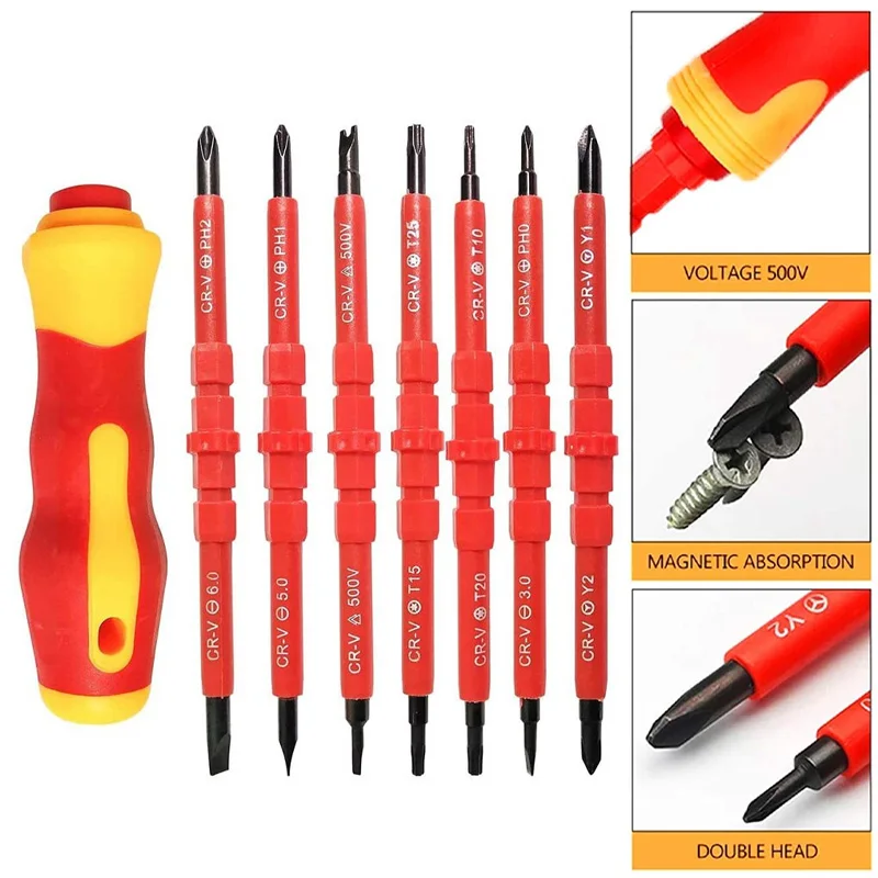 Electrician Repair Tools Kit 1000V Changeable Insulated Screwdrivers Set with Magnetic Slotted Phillips Pozidriv Torx Bits