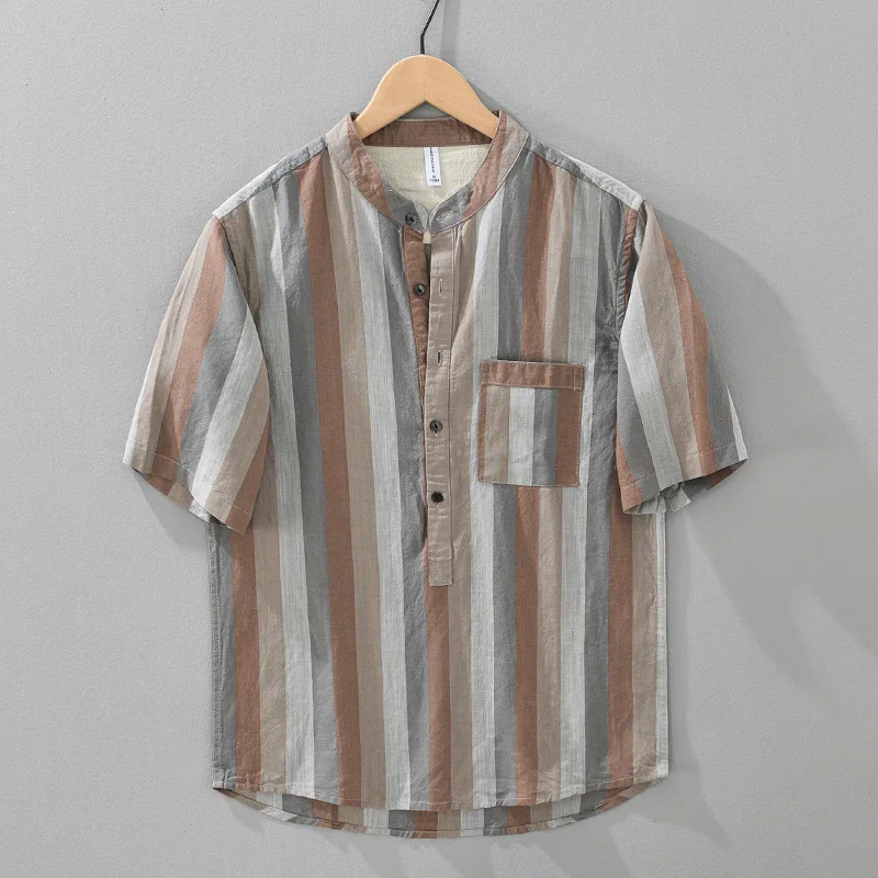 

Japanese-style Retro Pullover Short-Sleeve Shirt Linen Blend Striped Relaxed Fit with Stand Collar 2025 Summer Tops for Men