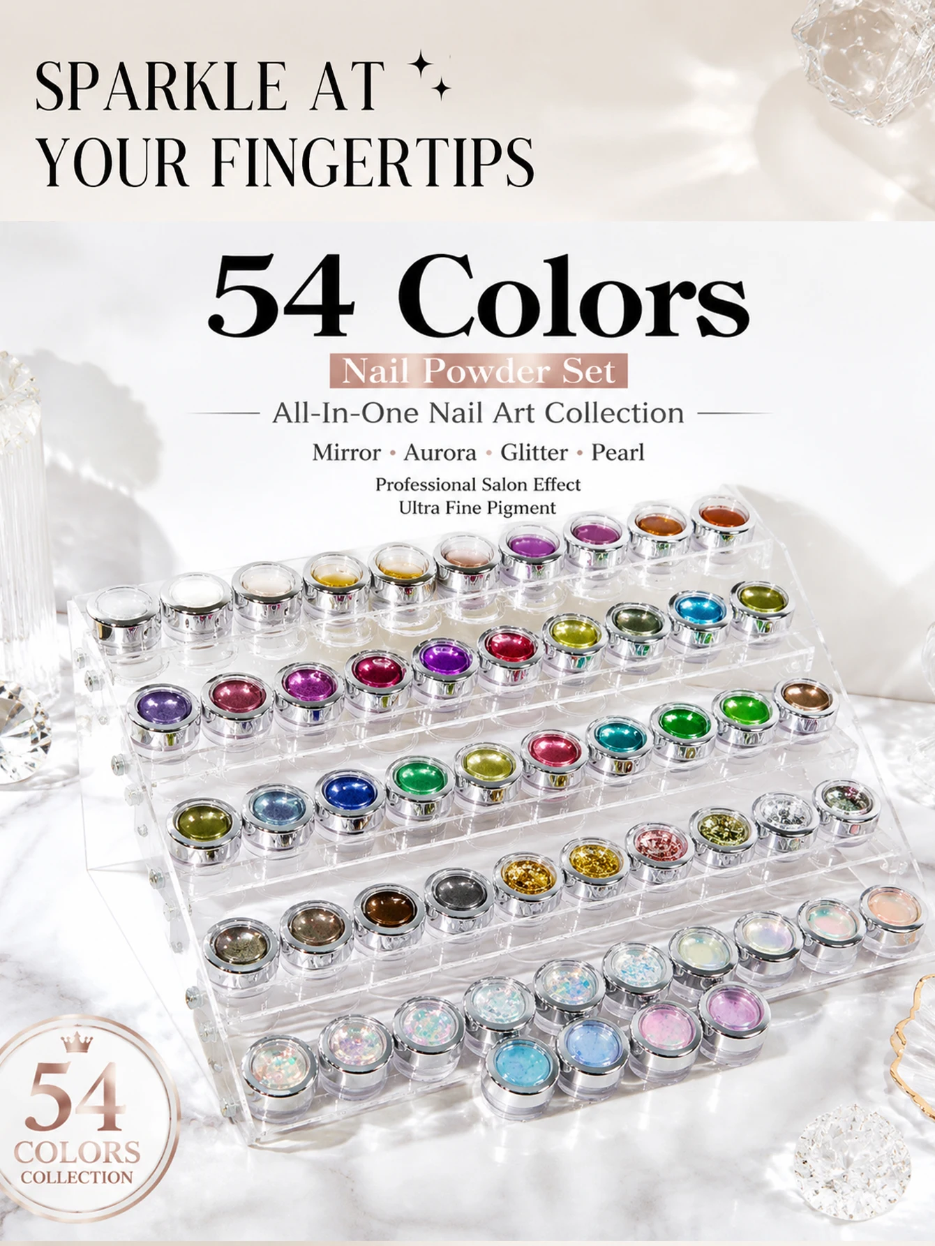 

54-piece nail powder set with nail art cotton swabs and storage box. Enjoy the charm of DIY nail art and is suitable for nail ar