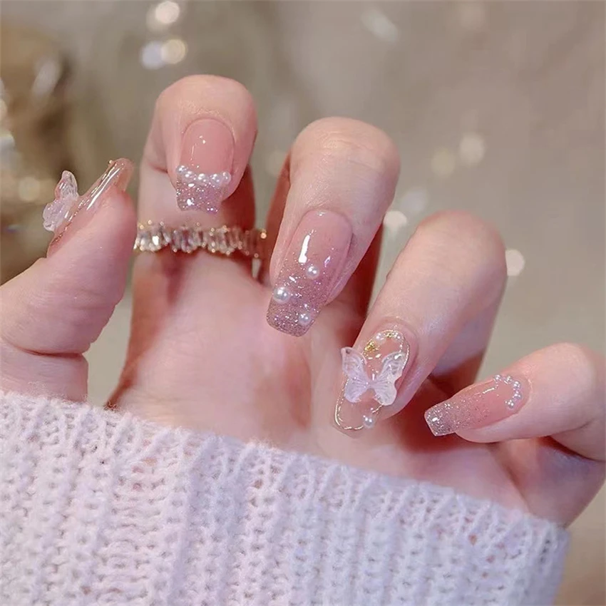 24Ps/Set Medium Long French Fake Nails Bow Japan Nude Pink with Pearls Artificial Acrylic Press on Nails Removable Stick on Nail