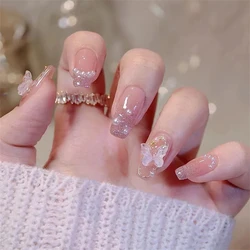 Uñas postizas francesas de largo medio, lazo japonés Rosa desnudo con perlas, prensa acrílica Artificial, palo extraíble en uñas, 24 piezas por juego