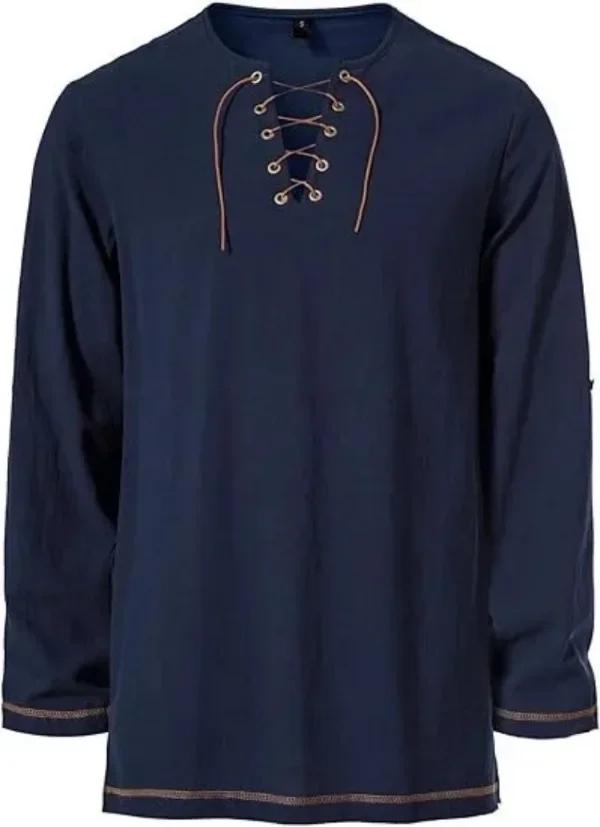 Mittelalterliches Schnürhemd für Herren mit Gürtel, langärmelig, Vintage-Piraten-Wikinger-Oberteil, Halloween-Cosplay-Kostüm, lässige Bluse – Detail 5