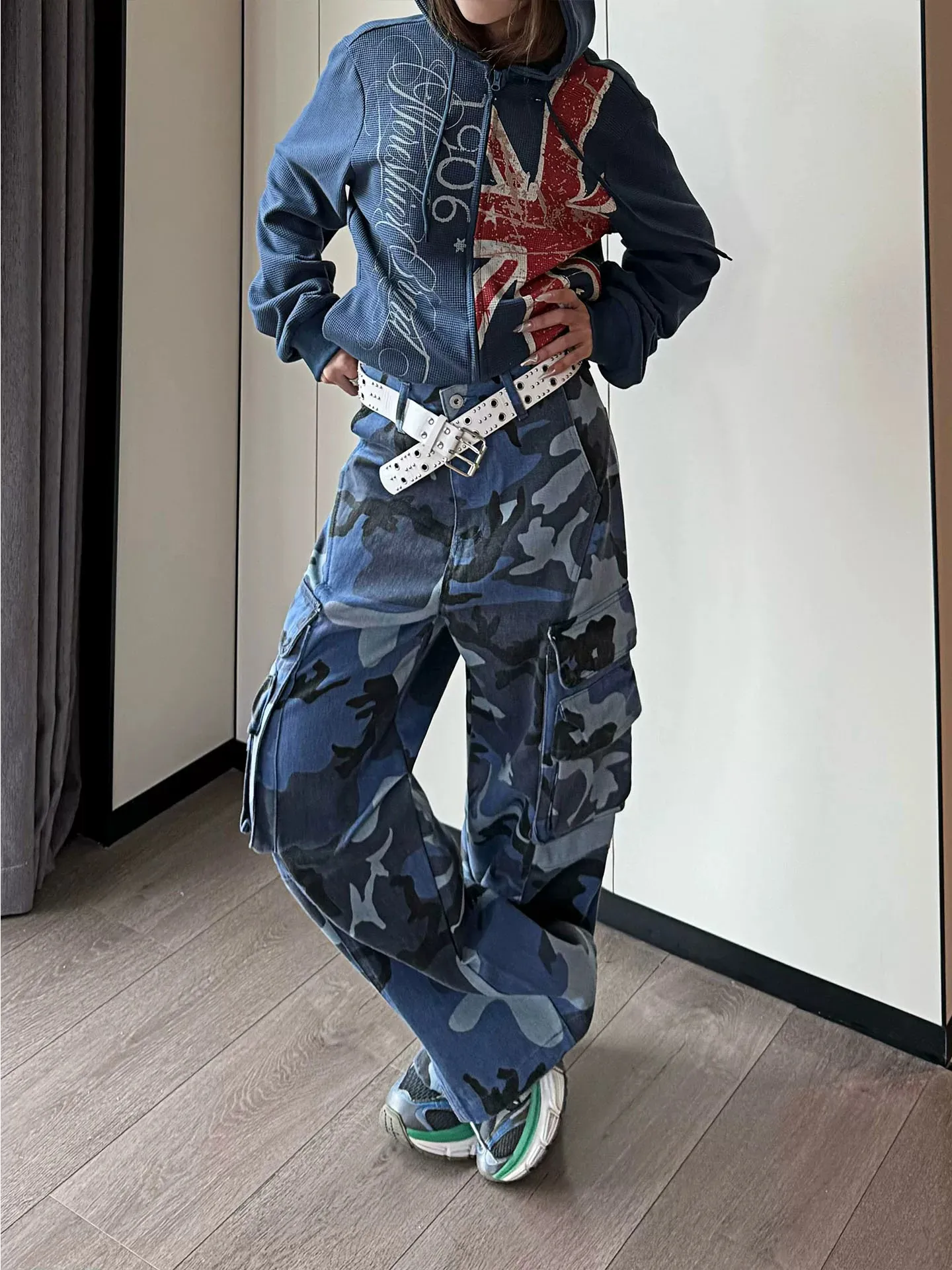 Retro American Deconstructed Camouflage Work Pants Women's Trendy Street Loose Wide Leg Jeans Multi Pocket Casual Cotton