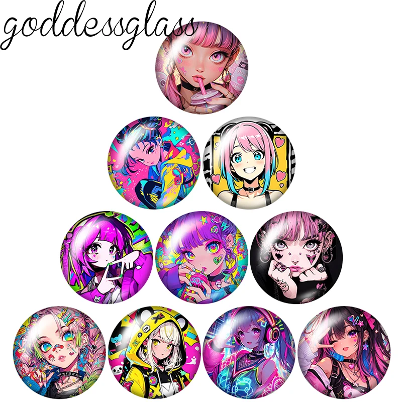 ‌Street-style Anime Girl hypebeast Kawaii 10pcs 12mm/18mm/20mm/25mm Round photo glass cabochon flat back Making findings Jewelry