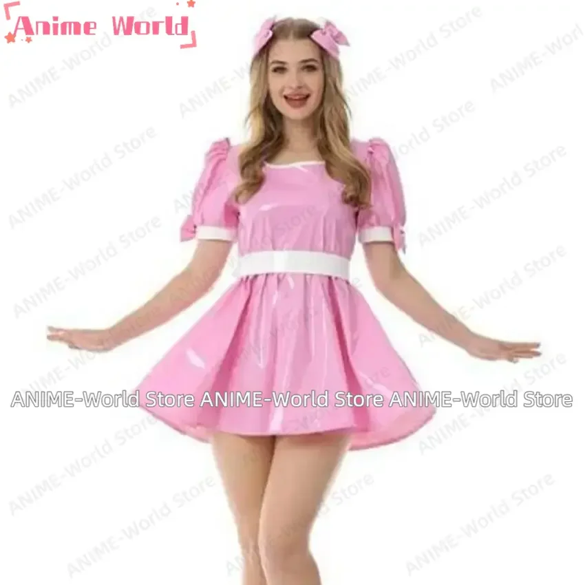 

《Нестандартный размер》Сексуальное сисси ПВХ запираемое готическое виниловое мини-милое платье горничной косплей костюм для взрослых с Рождеством Хэллоуин