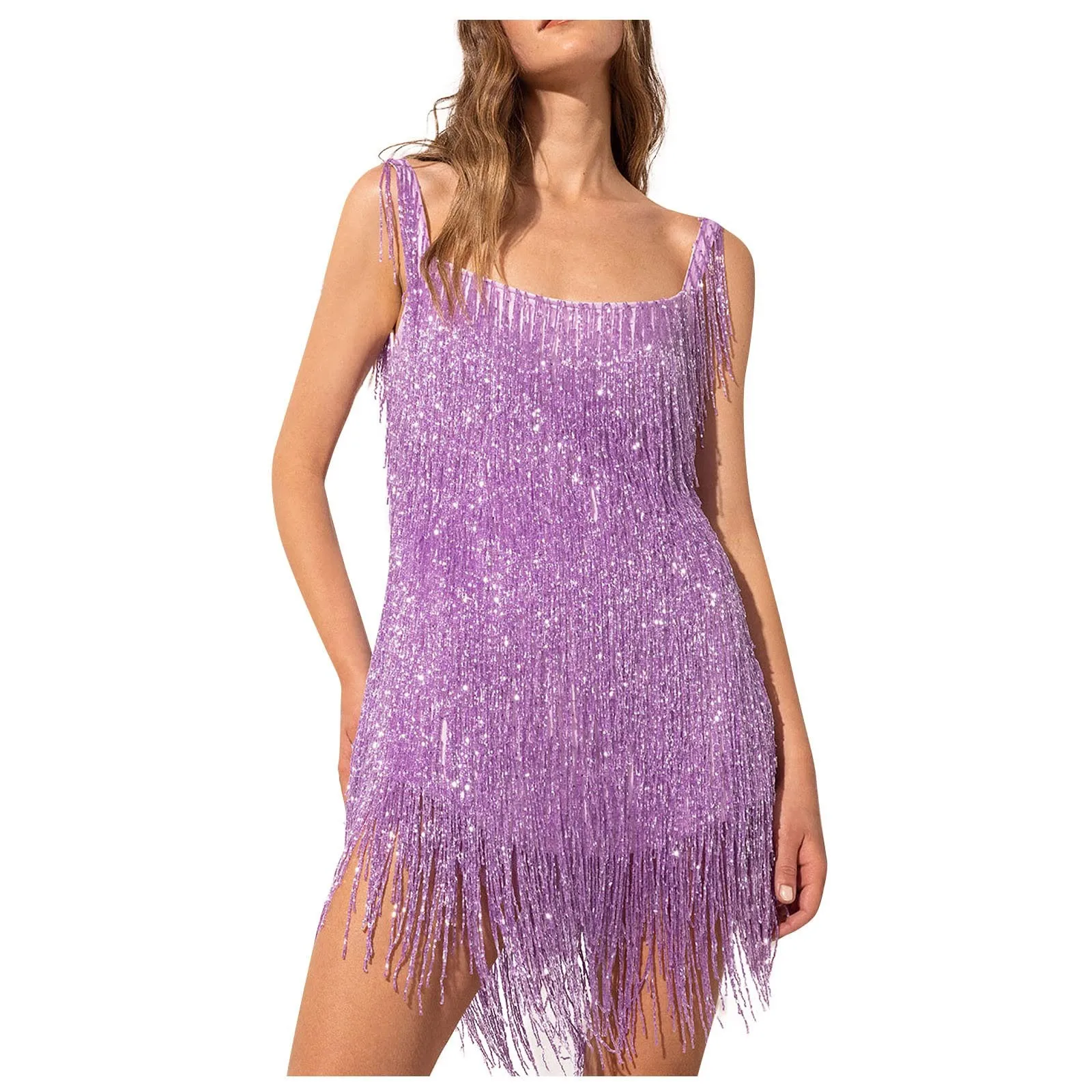 Women Sequin Fringe Mini Dress Sling Tassel Hem Sparkly Spaghetti Strap Backless Bodycon Elegant Cocktail Party Short Dress Y2K