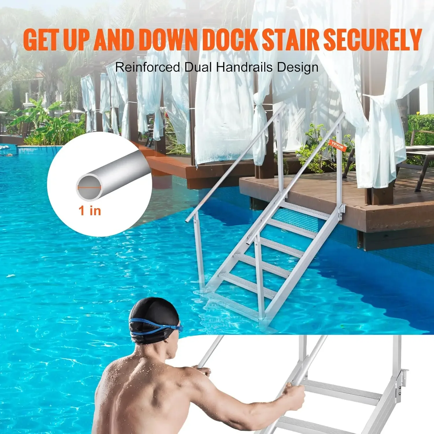 [¡Alta calidad, oferta caliente! ] Escalera de muelle de 6 escalones, escalones de piscina de carga de 500 libras, escaleras de muelle de aluminio de altura ajustable, escalera de barco pontón