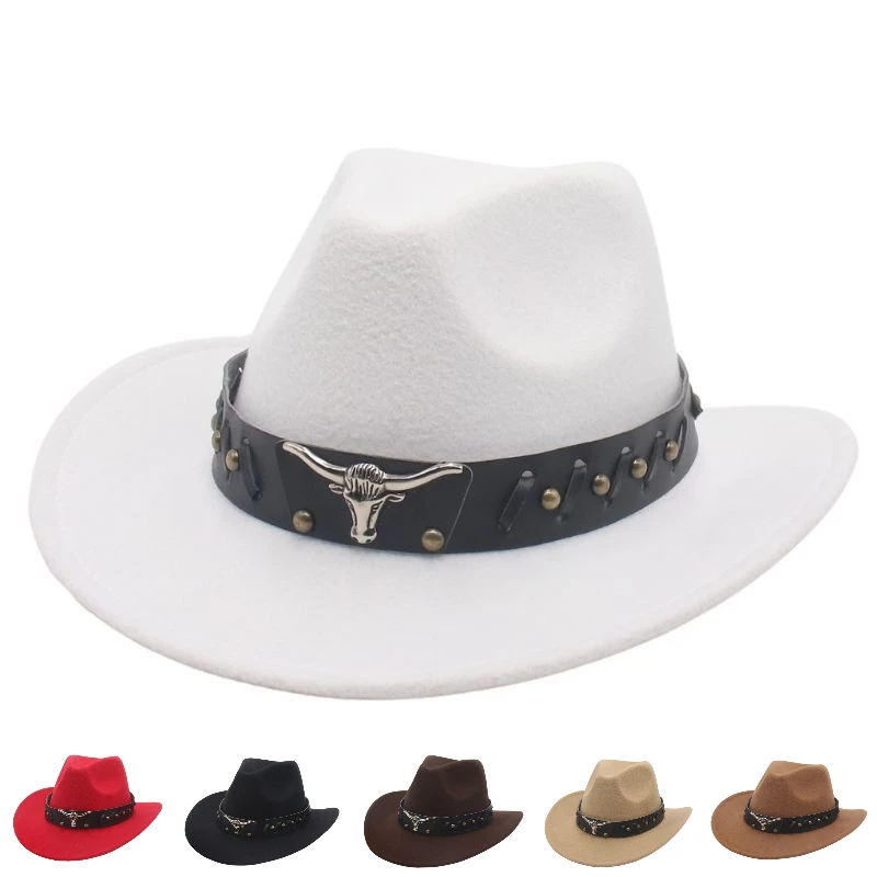 

Western Cowboy Felt Hat with Bull Head and Studded Decor – Curved Brim Retro Ethnic Party Fedora for Stage Performance Men Women