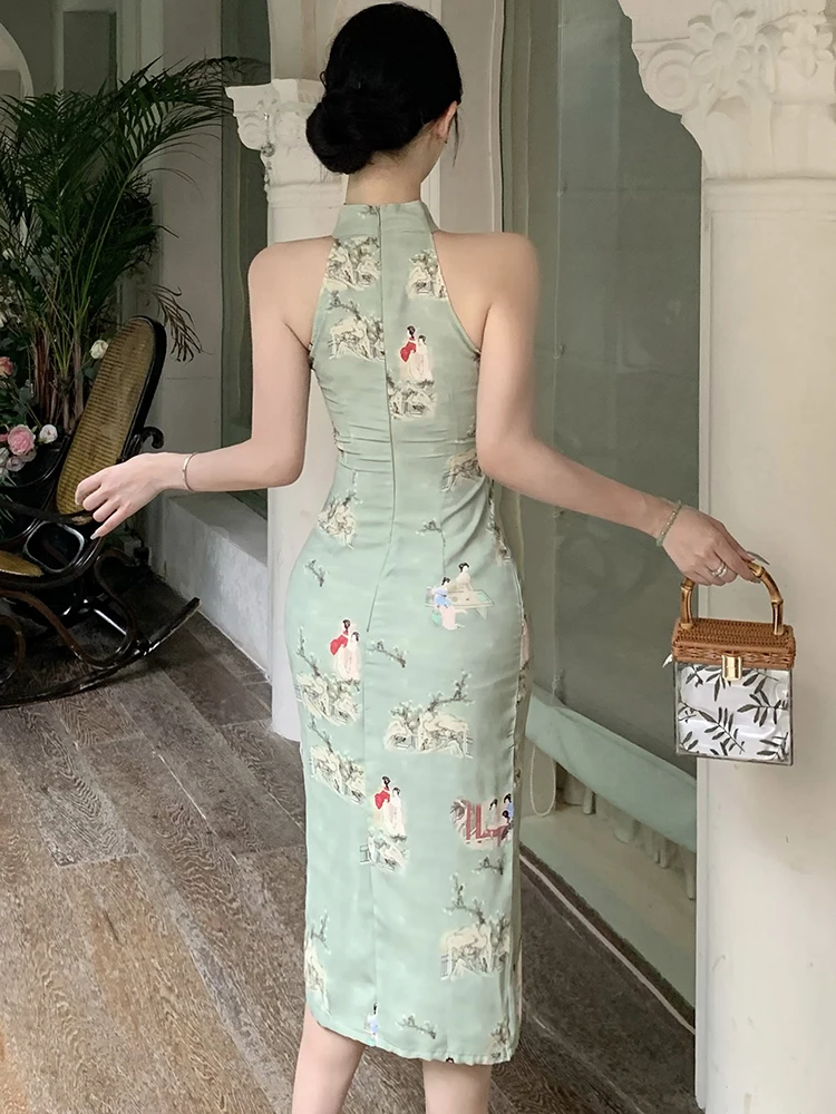 2024 New Green Print Hollow Out Stand Collar Midi Dress Summer Elegant Bodycon Slit Dress Women coreano Vintage Luxury Prom Dress