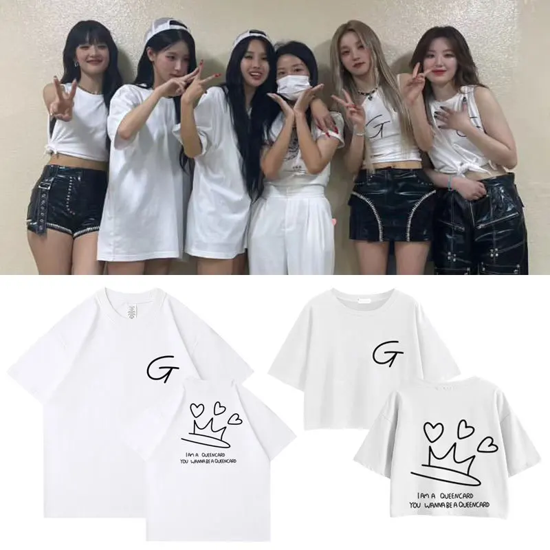 Summer Women's Cotton Top Kpop GIDLE I am FREE-Ty Graphic Printed T-shirt Couple Casual White top Women's Oversize t-shirt