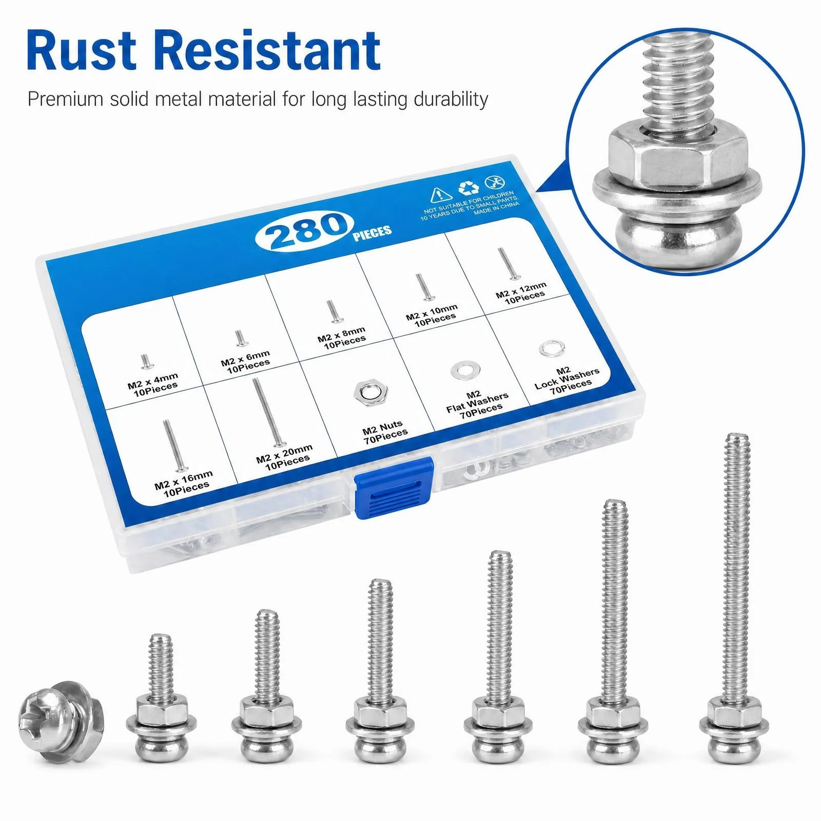 280-teiliges M2/M2,5 Phillips-Flachkopf-Maschinenschrauben-Set mit Muttern und Unterlegscheiben, sortierte Größen 4–20 mm, vollständig gewindete Schrauben für DIY-Projekte
