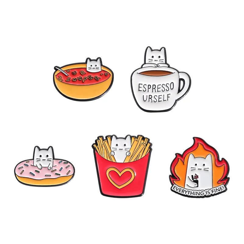 Cartoon Cat Fun Medal Enamel Pins Cute french fries, flame tea cup, cat shaped creative badge Backpack Lapel Badge Jewelry Gifts