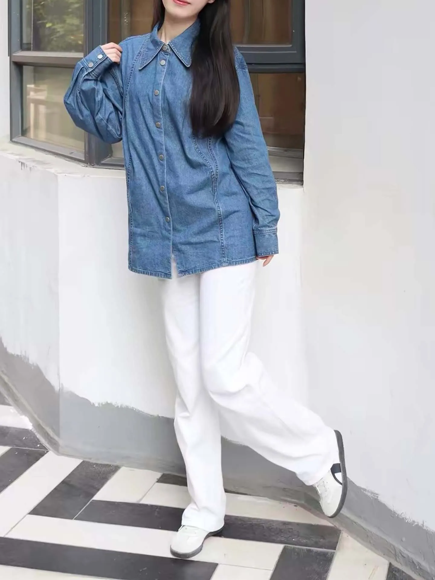 

Женская джинсовая рубашка из чистого хлопка Waed Indigo, свободного кроя, с длинными рукавами, весна 2026, повседневная, с пуговицами