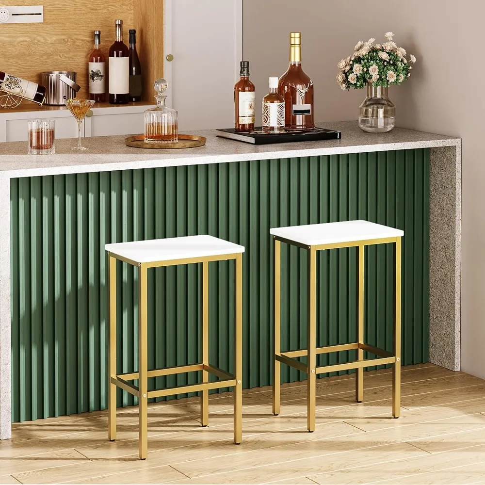 Bar Stools, Set of 2 Chairs, Kitchen Breakfast Stools with Footrest, 25.8-Inch Height, Rectangular Industrial Stools