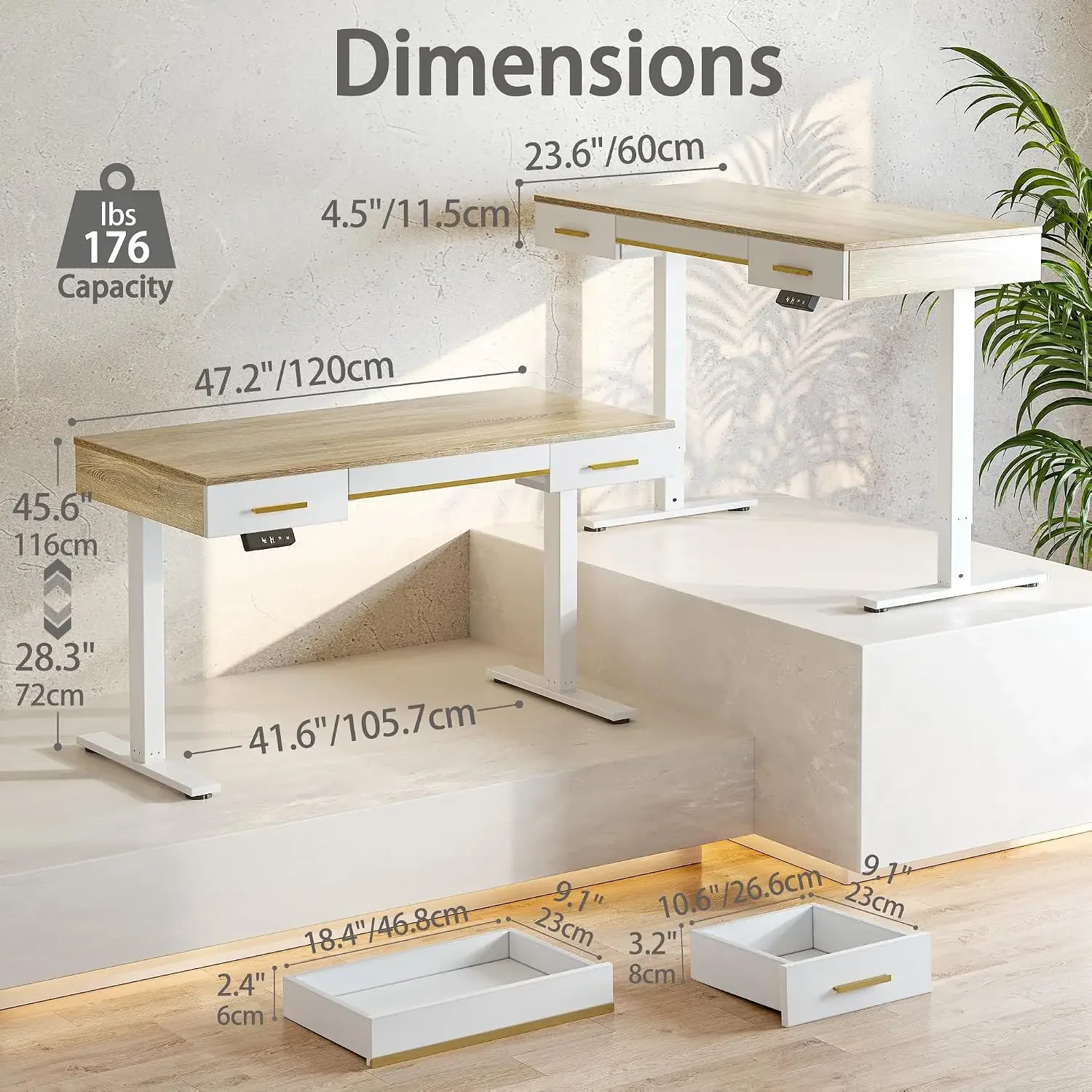 One-Piece Top Electric Standing Desk, 47 x 24 Inch Height Adjustable Sit Stand Desk with Three Drawers for Home Office, Maple